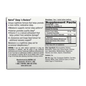 Thành phần vi chất của Natrol Sleep 'n Restore 20 Tablets 047469005023