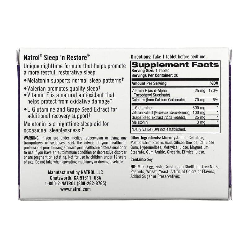 Natrol Sleep 'n Restore 20 Tablets 2 Thành phần vi chất của Natrol Sleep 'n Restore 20 Tablets 047469005023