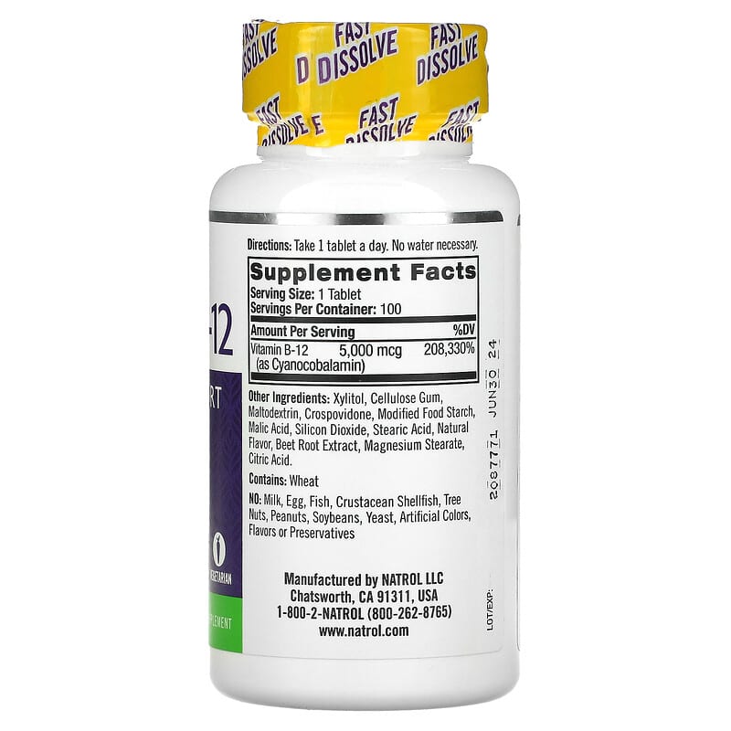 Natrol Vitamin B-12 Fast Dissolve Maximum Strength Strawberry 5.000 mcg 100 Tablets 2 Thành phần vi chất của Natrol Vitamin B-12 Fast Dissolve Maximum Strength Strawberry 5.000 mcg 100 Tablets 047469066727