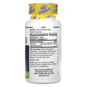 Thành phần vi chất của Natrol Vitamin D3 Bone & Joint Health Strawberry 5.000 IU 90 Tablets 047469058913
