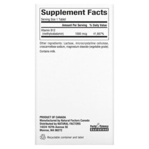 Thành phần vi chất của Natural Factors B12 Methylcobalamin 1.000 mcg 180 Chewable Tablets 068958012438