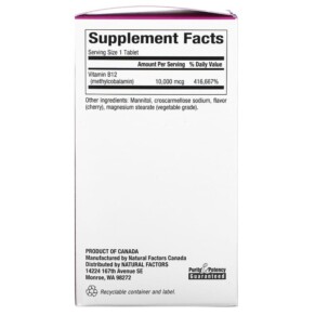 Thành phần vi chất của Natural Factors B12 Methylcobalamin Cherry 10.000 mcg 30 Chewable Tablets 068958012445