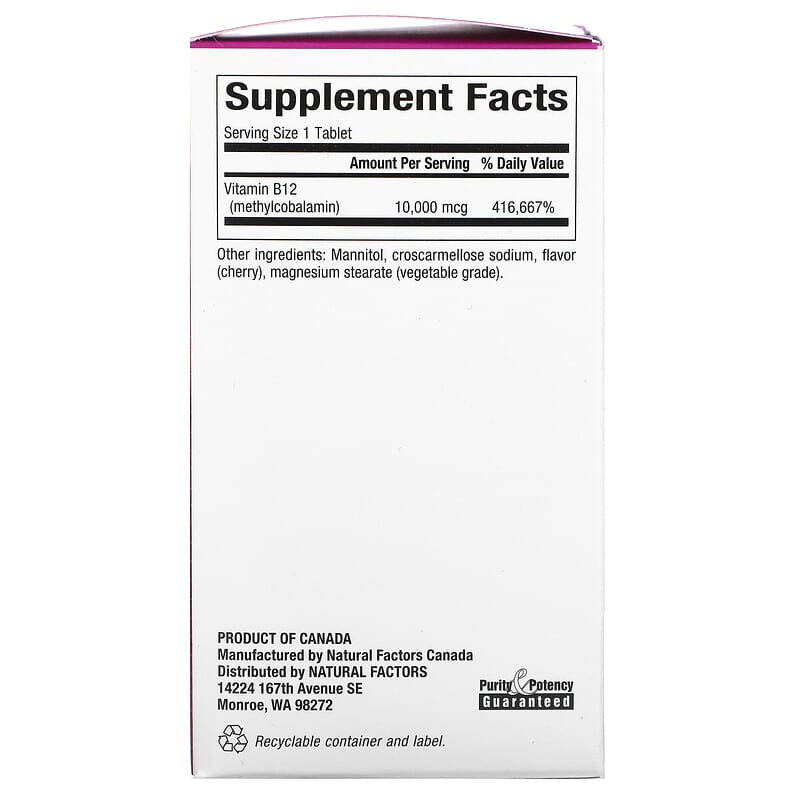 Natural Factors B12 Methylcobalamin Cherry 10.000 mcg 30 Chewable Tablets 2 Thành phần vi chất của Natural Factors B12 Methylcobalamin Cherry 10.000 mcg 30 Chewable Tablets 068958012445