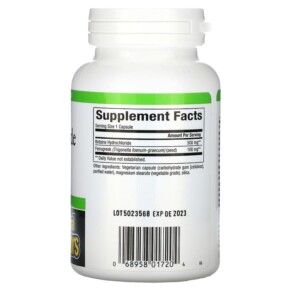 Thành phần vi chất của Natural Factors Betaine Hydrochloride with Fenugreek 500 mg 90 Vegetarian Capsules 068958017204