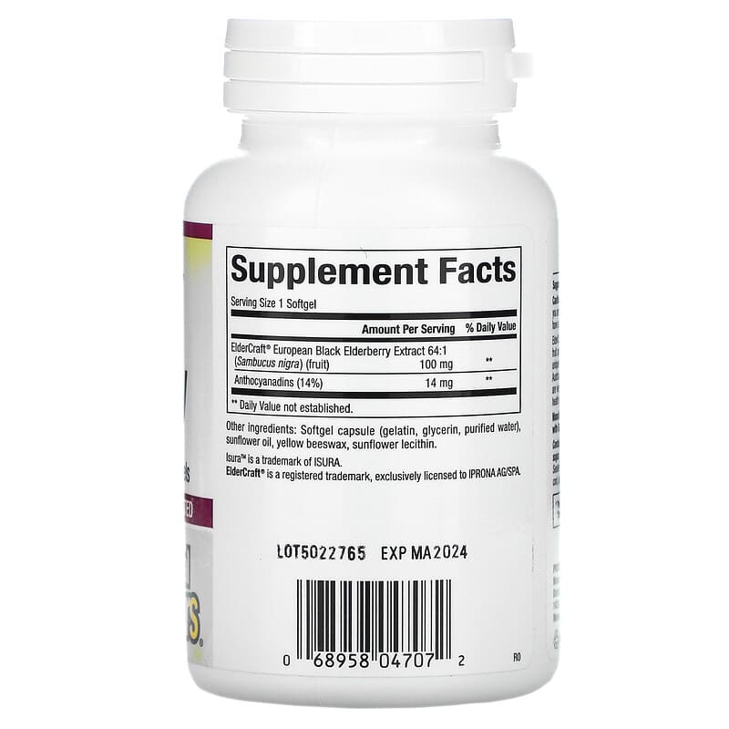 Natural Factors Black Elderberry 100 mg 120 Fast-Acting Softgels 2 Thành phần vi chất của Natural Factors Black Elderberry 100 mg 120 Fast-Acting Softgels 068958047072
