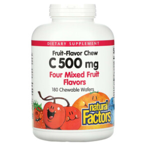 Thực phẩm chức năng Natural Factors Fruit-Flavor Chew Vitamin C Four Mixed Fruit Flavors 500 mg 180 Chewable Wafers 068958013367