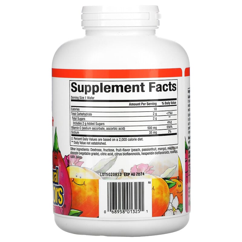 Natural Factors Fruit-Flavor Chew Vitamin C Peach Passionfruit and Mango 500 mg 180 Chewable Wafers 2 Thành phần vi chất của Natural Factors Fruit-Flavor Chew Vitamin C Peach Passionfruit and Mango 500 mg 180 Chewable Wafers 068958013251