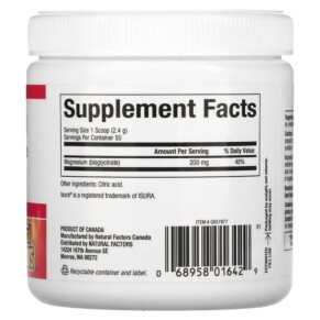 Thành phần vi chất của Natural Factors Magnesium Bisglycinate Pure 200 mg 4.2 oz (120 g) 068958016429