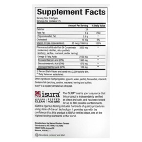 Thành phần vi chất của Natural Factors RxOmega-3 with Vitamin D3 Ultra Strength 2.150 mg 150 Softgels 068958354927