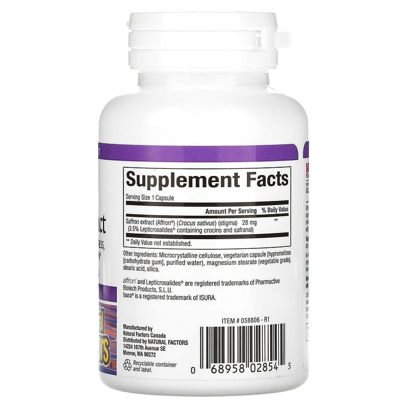 Natural Factors Stress-Relax 100% Pure Saffron Extract 30 Vegetarian Capsules 2 Thành phần vi chất của Natural Factors Stress-Relax 100% Pure Saffron Extract 30 Vegetarian Capsules 068958028545