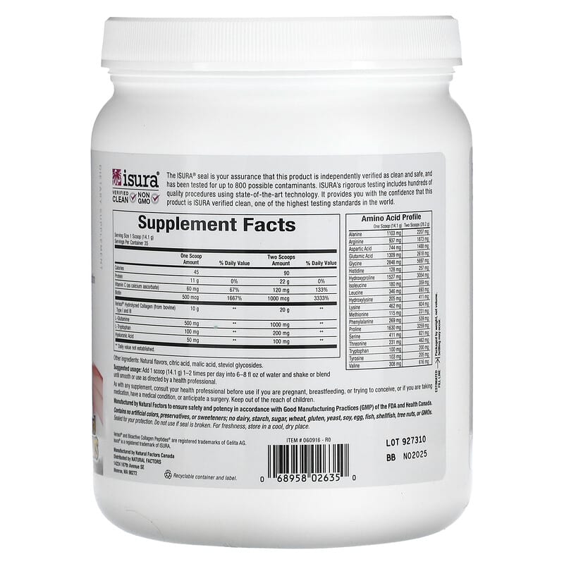 Natural Factors Total Body Collagen Bioactive Peptides Pomegranate 100 mg 1 lb 1 oz (500 g) 2 Thành phần vi chất của Natural Factors Total Body Collagen Bioactive Peptides Pomegranate 100 mg 1 lb 1 oz (500 g) 068958026350