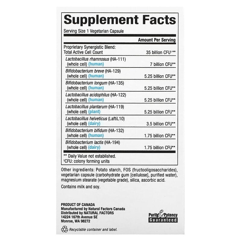 Natural Factors Ultimate Probiotic Senior's 35 Billion CFUs 30 Vegetarian Capsules 2 Thành phần vi chất của Natural Factors Ultimate Probiotic Senior's 35 Billion CFUs 30 Vegetarian Capsules 068958018140