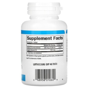 Thành phần vi chất của Natural Factors Vitamin D3 250 mcg (10.000 IU) 120 Softgels 068958010649