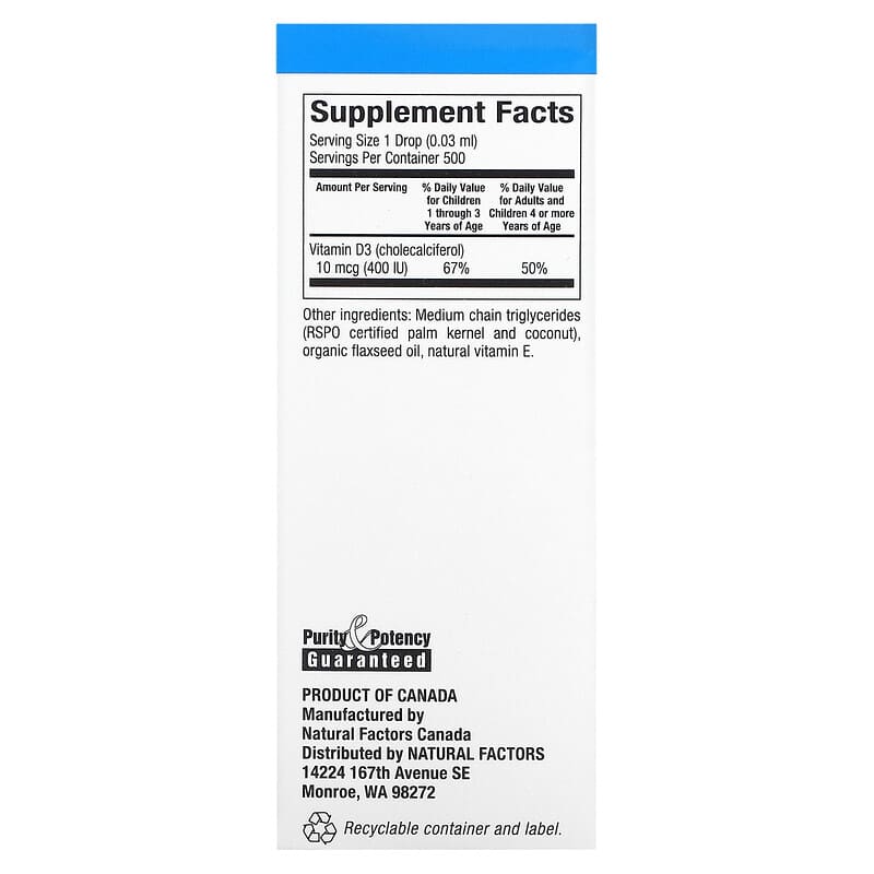 Natural Factors Vitamin D3 Drops for Kids Unflavored 10 mcg (400 IU) 0.5 fl oz (15 ml) 2 Thành phần vi chất của Natural Factors Vitamin D3 Drops for Kids Unflavored 10 mcg (400 IU) 0.5 fl oz (15 ml) 068958010588