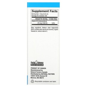 Thành phần vi chất của Natural Factors Vitamin D3 Drops Unflavored 25 mcg (1.000 IU) 0.5 fl oz (15 ml) 068958010557