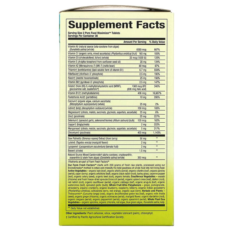 Natural Factors Whole Earth & Sea Men's 50+ Multivitamin & Mineral 60 Tablets 2 Thành phần vi chất của Natural Factors Whole Earth & Sea Men's 50+ Multivitamin & Mineral 60 Tablets 068958355030