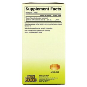 Thành phần vi chất của Natural Factors Whole Earth & Sea Sunflower Vitamin E 268 mg 90 Softgels 068958355139
