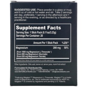 Thành phần vi chất của Natural Stacks MagTech Magnesium Drink Mix Lemonade 20 Stick Packs 0.11 oz (3.23 g) Each 652508121413