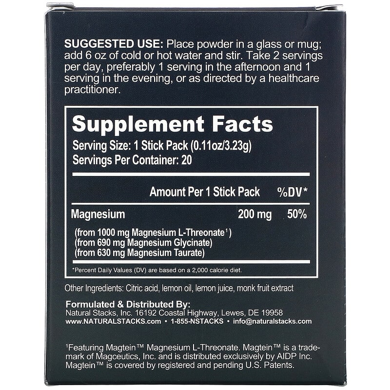 Natural Stacks MagTech Magnesium Drink Mix Lemonade 20 Stick Packs 0.11 oz (3.23 g) Each 2 Thành phần vi chất của Natural Stacks MagTech Magnesium Drink Mix Lemonade 20 Stick Packs 0.11 oz (3.23 g) Each 652508121413