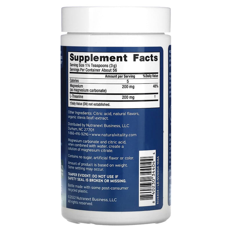Natural Vitality CALM Mind Magnesium Supplement with L-Theanine Drink Mix Honey Chamomile 6 oz (168 g) 2 Thành phần vi chất của Natural Vitality CALM Mind Magnesium Supplement with L-Theanine Drink Mix Honey Chamomile 6 oz (168 g) 840230344044