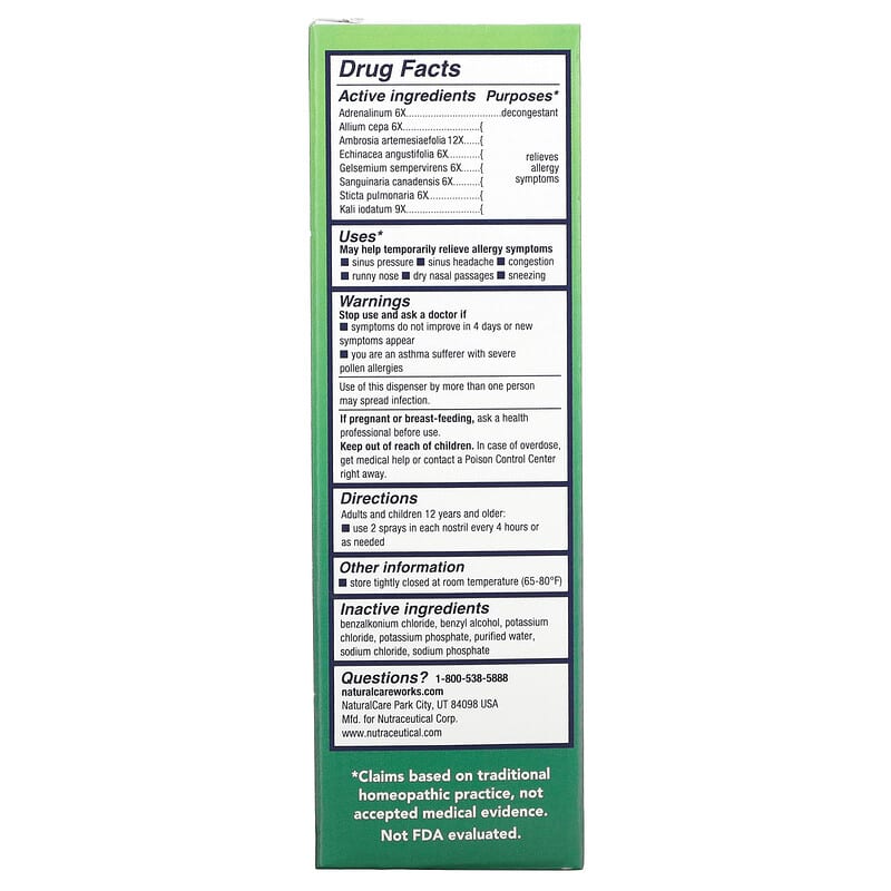 NaturalCare BioAllers Allergy Nasal Spray 0.8 fl oz (24 ml) 2 Thành phần vi chất của NaturalCare BioAllers Allergy Nasal Spray 0.8 fl oz (24 ml) 371400708019