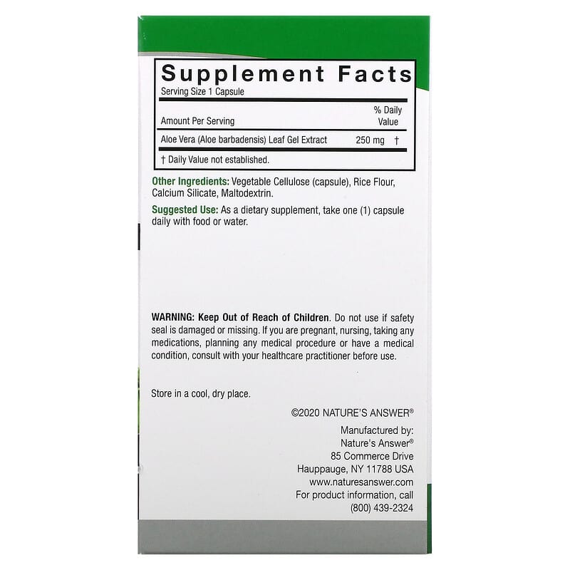 Nature's Answer Aloe Vera Phytogel 250 mg 90 Vegetarian Capsules 2 Thành phần vi chất của Nature's Answer Aloe Vera Phytogel 250 mg 90 Vegetarian Capsules 083000161148