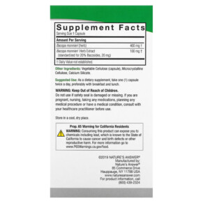 Thành phần vi chất của Nature's Answer Bacopa 500 mg 90 Vegetarian Capsules 083000163609