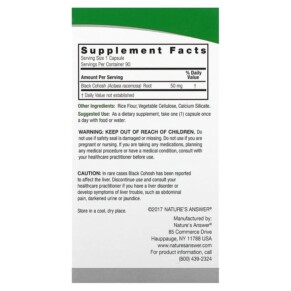 Thành phần vi chất của Nature's Answer Black Cohosh Full Spectrum Herb 50 mg 90 Vegetarian Capsules 083000161261