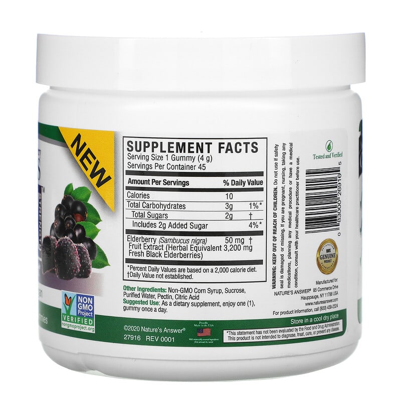 Nature's Answer Black Elderberry Sambucus Daily Gummies 2X Strength 3.200 mg 45 Pectin Gummies 2 Thành phần vi chất của Nature's Answer Black Elderberry Sambucus Daily Gummies 2X Strength 3.200 mg 45 Pectin Gummies 083000269165
