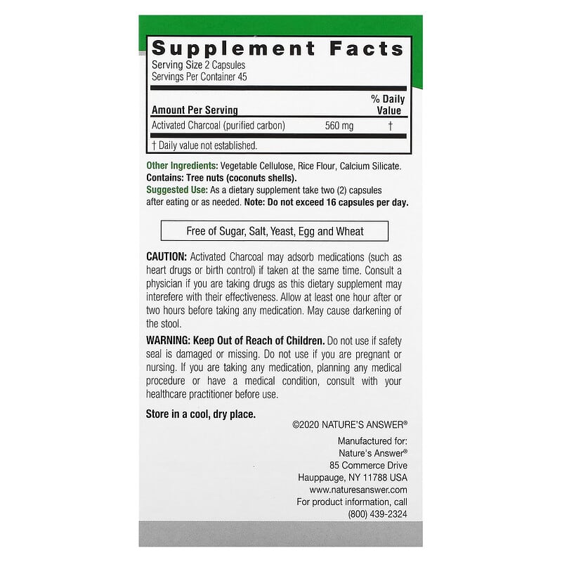 Nature's Answer Charcoal 280 mg 90 Vegetarian Capsules 2 Thành phần vi chất của Nature's Answer Charcoal 280 mg 90 Vegetarian Capsules 083000164675