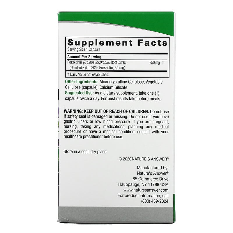 Nature's Answer Forskohlii 250 mg 60 Vegetarian Capsules 2 Thành phần vi chất của Nature's Answer Forskohlii 250 mg 60 Vegetarian Capsules 083000163821