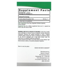 Thành phần vi chất của Nature's Answer Licorice 450 mg 90 Vegetarian Capsules 083000162947