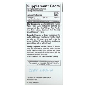 Thành phần vi chất của Nature's Answer Methyl B12 2500 Liquid Spray Raspberry 1 fl oz (30 ml) 083000261060