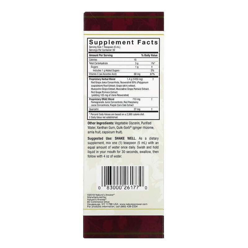 Nature's Answer Resveratrol Reserve 5 fl oz (150 ml) 2 Thành phần vi chất của Nature's Answer Resveratrol Reserve 5 fl oz (150 ml) 083000261770