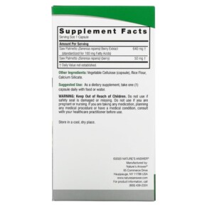 Thành phần vi chất của Nature's Answer Saw Palmetto Standardized 690 mg 120 Vegetarian Capsules 083000164316