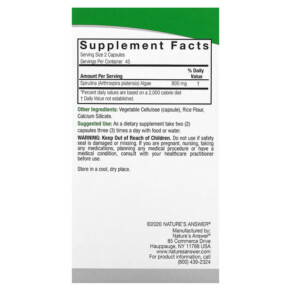 Thành phần vi chất của Nature's Answer Spirulina 400 mg 90 Vegetarian Capsules 083000163388