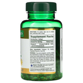 Thành phần vi chất của Nature's Bounty D3 25 mcg (1.000 IU) 350 Rapid Release Softgels 074312304132