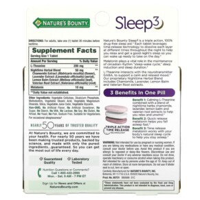 Thành phần vi chất của Nature's Bounty Sleep 3 Maximum Strength Drug-Free Sleep Aid 30 Tri-Layered Tablets 074312005251