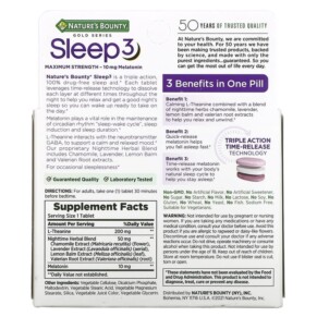 Thành phần vi chất của Nature's Bounty Sleep 3 Maximum Strength Drug-Free Sleep Aid 60 Tri-Layered Tablets 074312005268