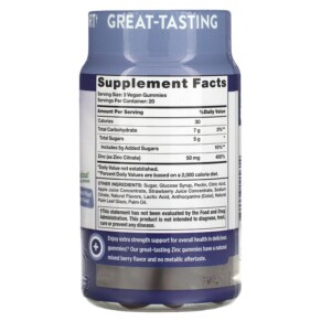 Thành phần vi chất của Nature's Truth Extra Strength Zinc Natural Mixed Berry 50 mg 60 Vegan Gummies 840093115614