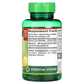 Thành phần vi chất của Nature's Truth High Potency Vitamin D3 125 mcg (5000 IU) 300 Quick Release Softgels 840093111685