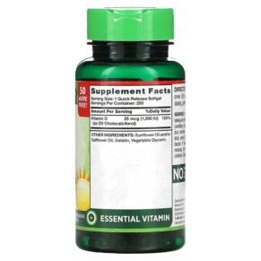 Thành phần vi chất của Nature's Truth High Potency Vitamin D3 25 mcg (1.000 IU) 250 Quick Release Softgels 840093105318