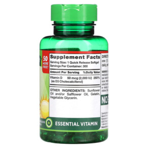 Thành phần vi chất của Nature's Truth High Potency Vitamin D3 50 mcg (2.000 IU) 300 Quick Release Softgels 840093103734