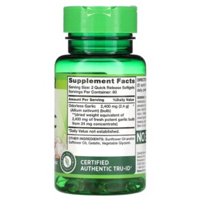 Thành phần vi chất của Nature's Truth High Strength Odorless Garlic 1.200 mg 120 Quick Release Softgels 840093101693