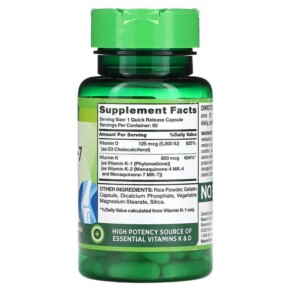 Thành phần vi chất của Nature's Truth K-2 + MK-7 Complex 800 mcg 50 Quick Release Capsules 840093105332