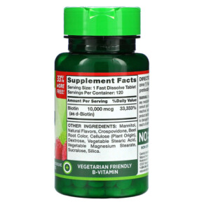 Thành phần vi chất của Nature's Truth Maximum Biotin Natural Berry 10.000 mcg 120 Fast Dissolve Tablets 840093101679