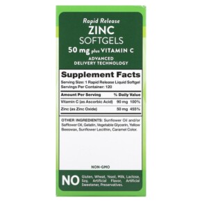 Thành phần vi chất của Nature's Truth Rapid Release Zinc Plus Vitamin C 50 mg 120 Rapid Release Liquid Softgels 840093115416