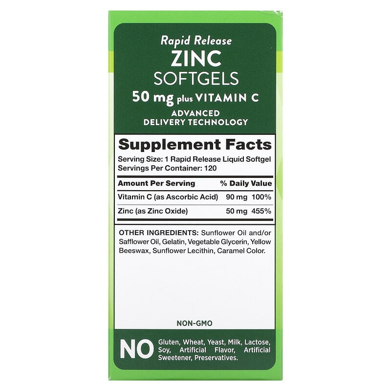 Nature's Truth Rapid Release Zinc Plus Vitamin C 50 mg 120 Rapid Release Liquid Softgels 2 Thành phần vi chất của Nature's Truth Rapid Release Zinc Plus Vitamin C 50 mg 120 Rapid Release Liquid Softgels 840093115416