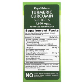 Thành phần vi chất của Nature's Truth Turmeric Curcumin plus Ginger Astragalus and Black Pepper Extract 800 mg 60 Rapid Release Liquid Softgels 840093112354