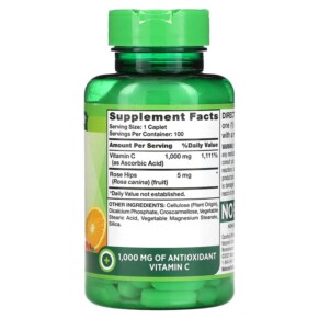 Thành phần vi chất của Nature's Truth Vitamin C Plus Wild Rose Hips 1.000 mg 100 Caplets 840093106032